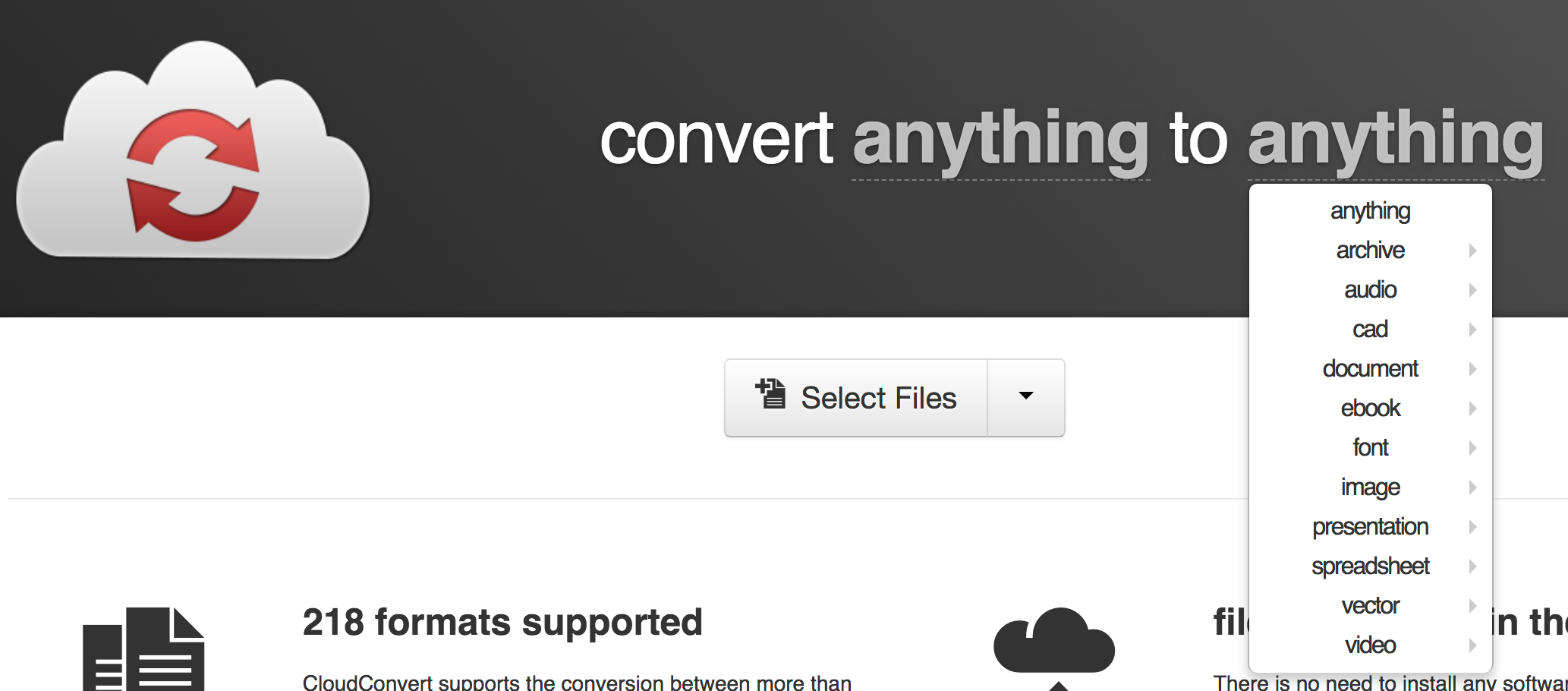 CloudConvert UI show dropdown list of options to convert