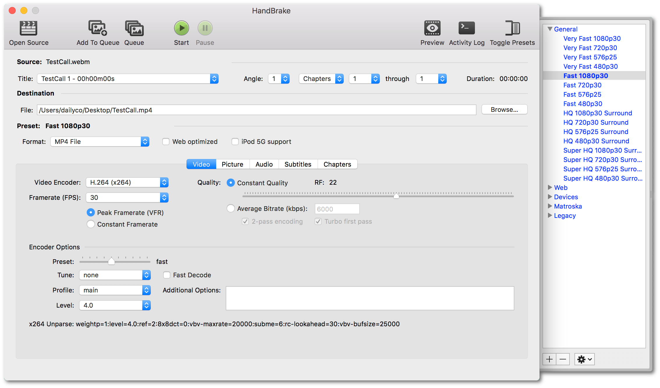 Handbrake UI displays options for the format tracks and filters for transcoding the file on mac