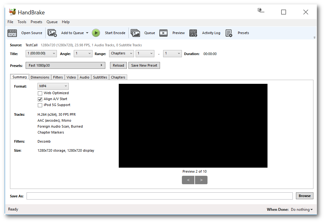 Handbrake UI displays options for the format tracks and filters for transcoding the file