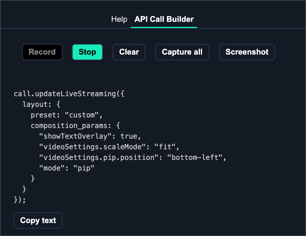 API call builder tab in the VCS simulator