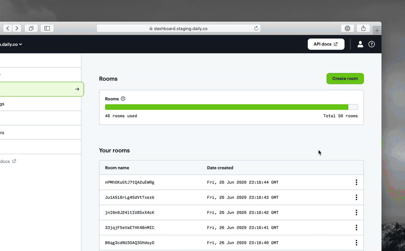 Daily dashboard create room page and room list