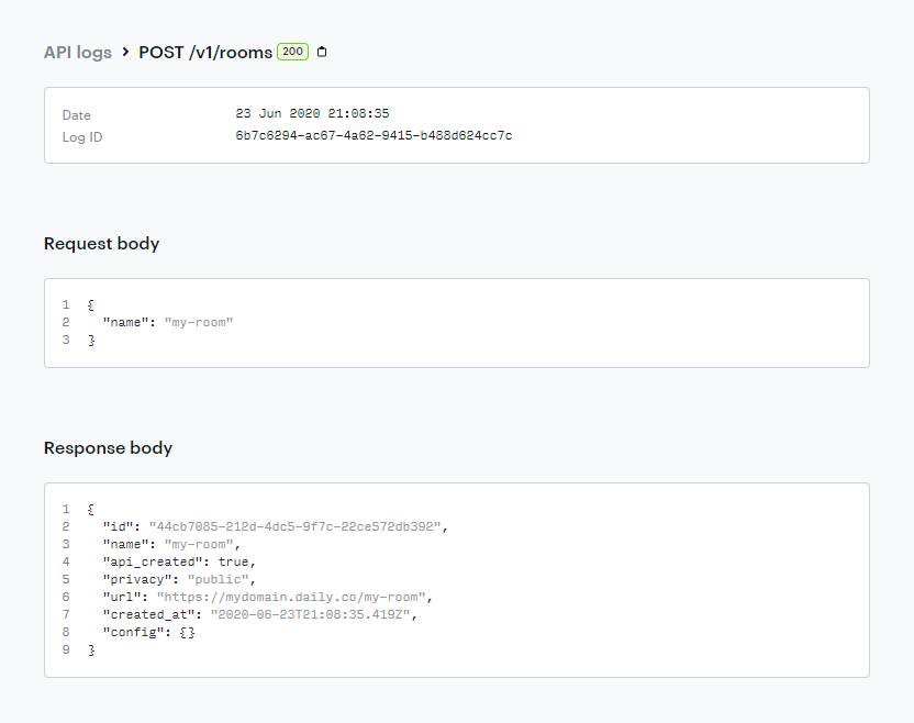 Detailed view of an API log