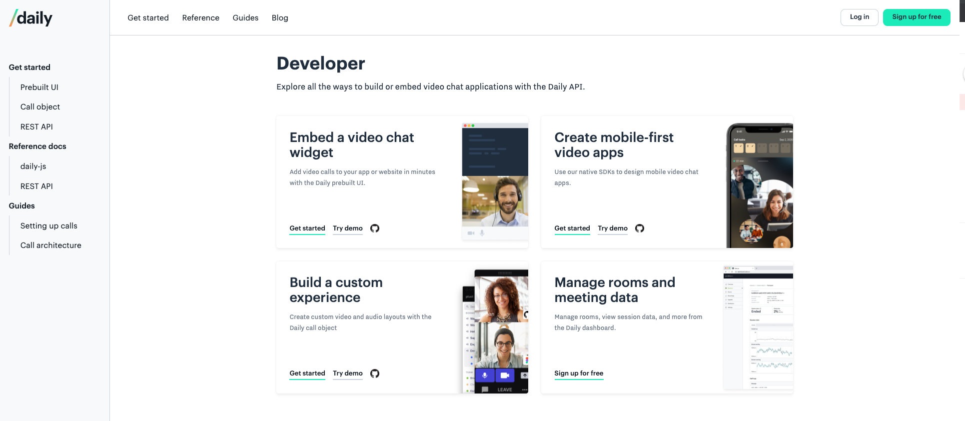 Daily Developer page screenshot with cards for embedding video chat, building from scratch on mobile or desktop, and the API