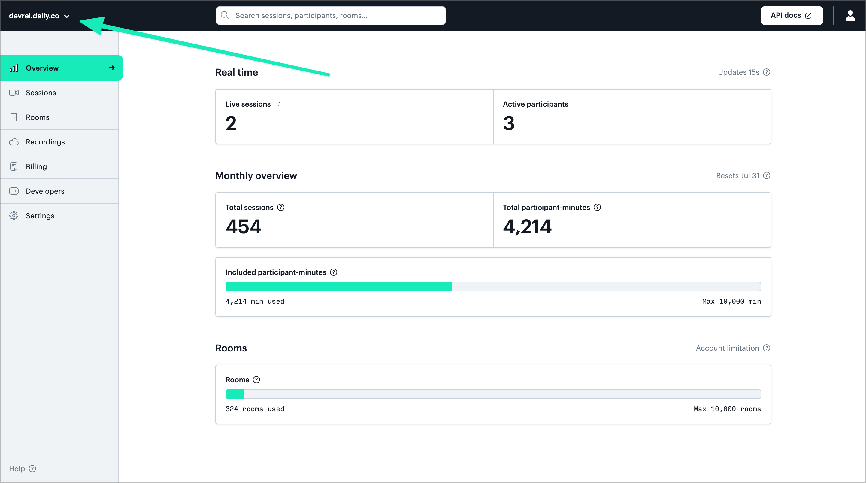 Daily dashboard with an arrow pointing to the top left-corner, where the user's domain can be found