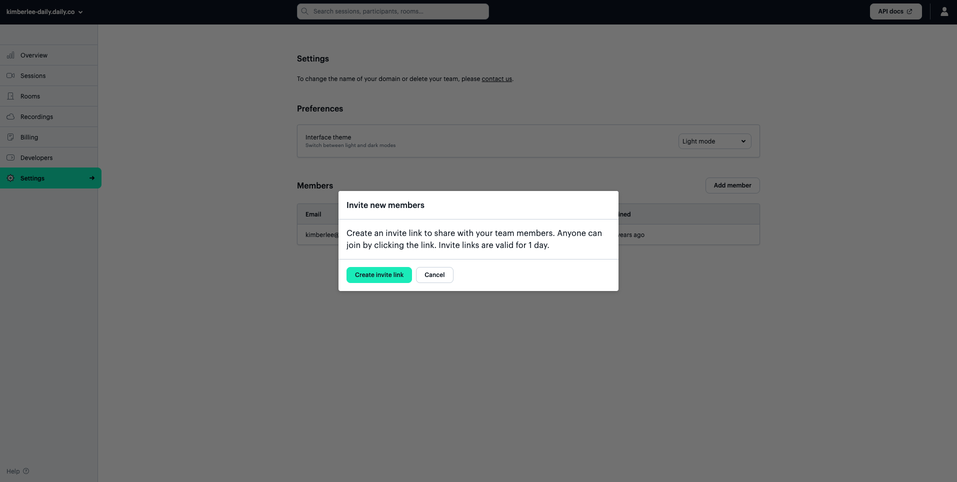 Modal in the Daily dashboard prompts viewer to copy link to invite new members