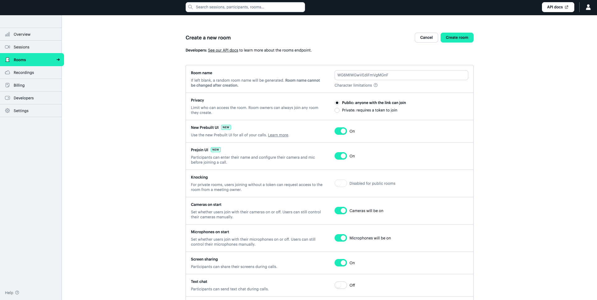 The create room page in the Daily dashboard displays a table where the user can select room properties and then press create button