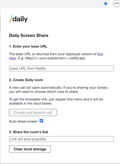Chrome Extension menu prompts user to enter a base URL, create a Daily room, and share room link