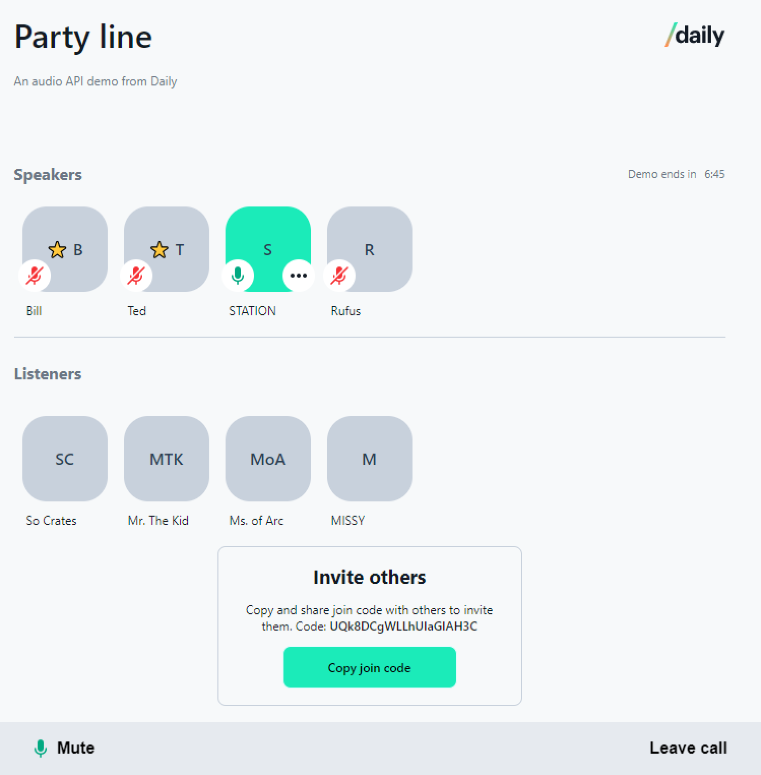 Party Line app separates speaker and listener icons and displays a code to invite others