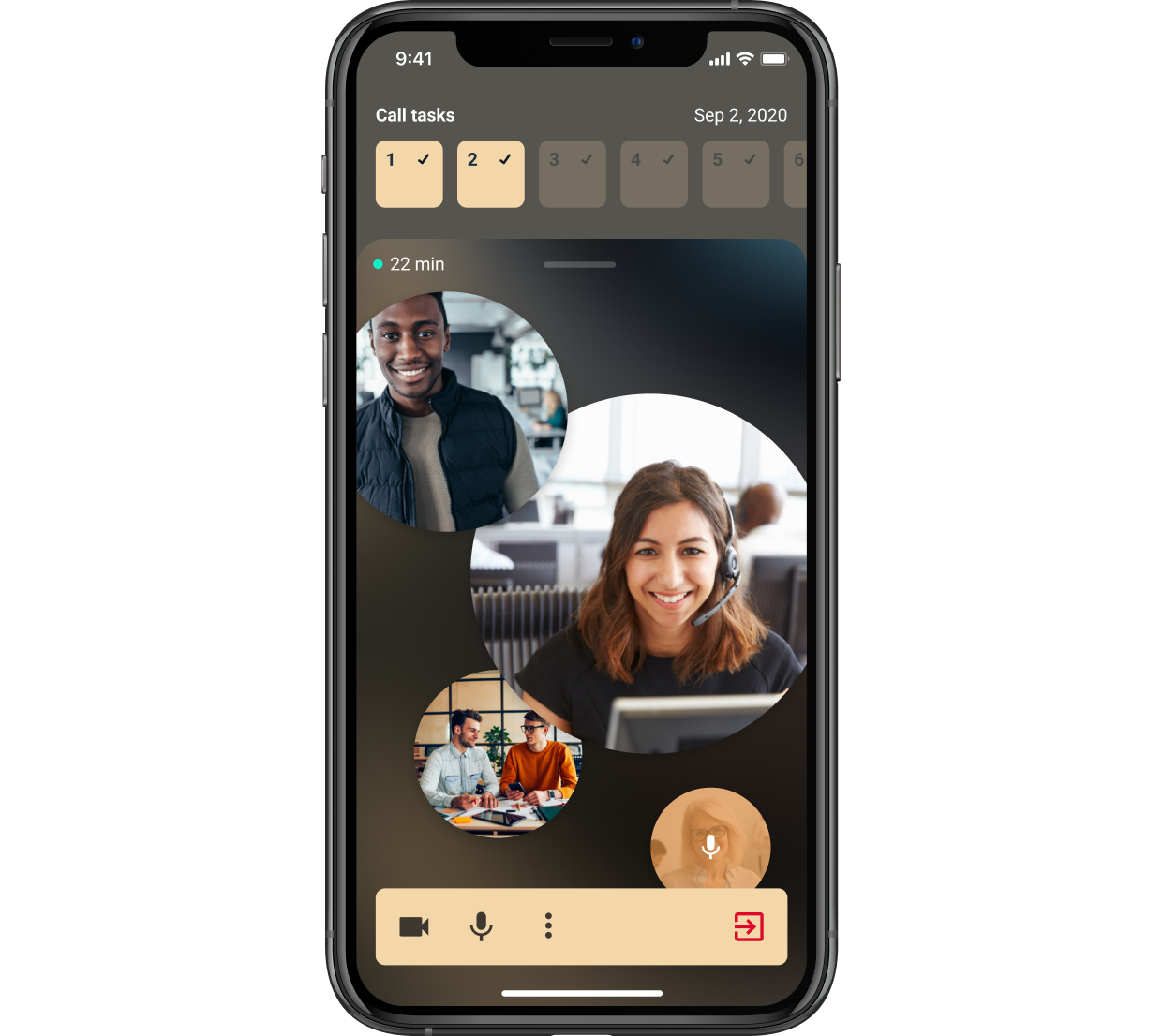 Video chat app displays three participant's cameras on a mobile phone