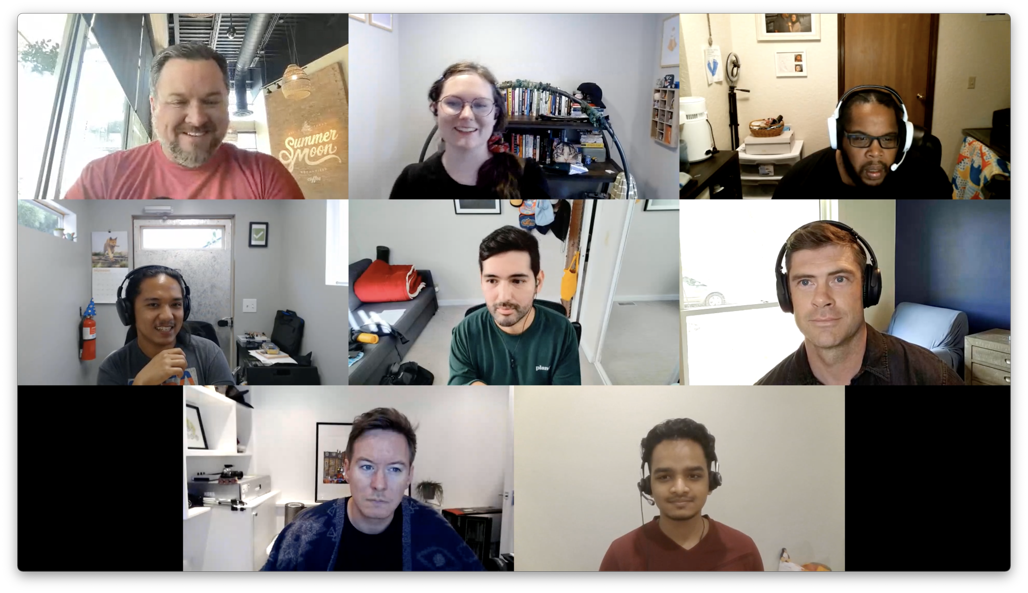 Grid of nine participants on a video call