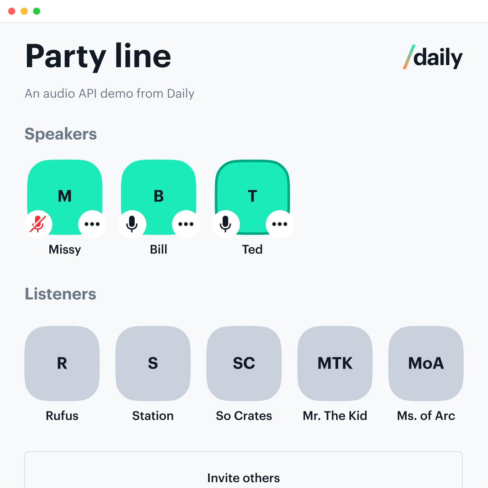 Screenshot of audio-only app with icons with names of call participants and icons for roles