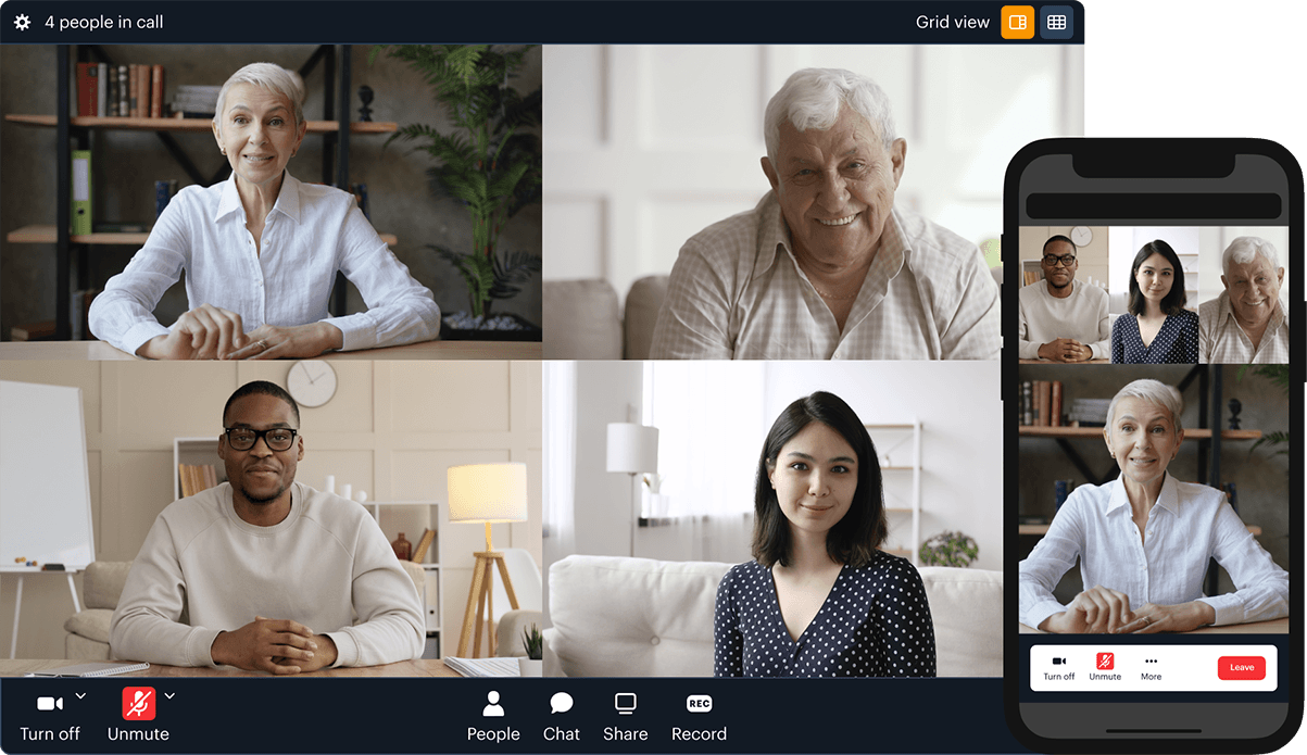 Video call interface with four participant videos on desktop and one video displayed large on mobile