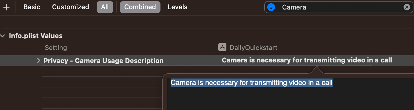 Add camera usage description